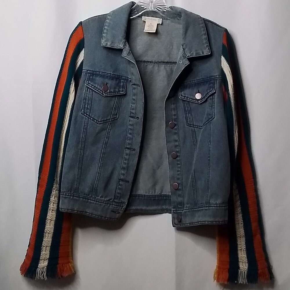ALTAR'D STATE DENIM JACKET WITH KNITTED FRAYED SLEEVES SIZE S